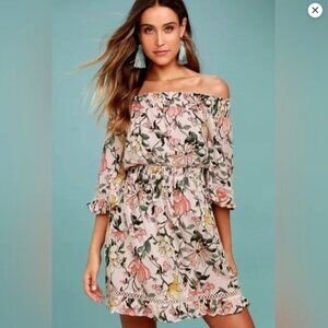 Lulus Blush Pink Floral Hello Darling Smocked Off The Shoulder Dress Size XS
